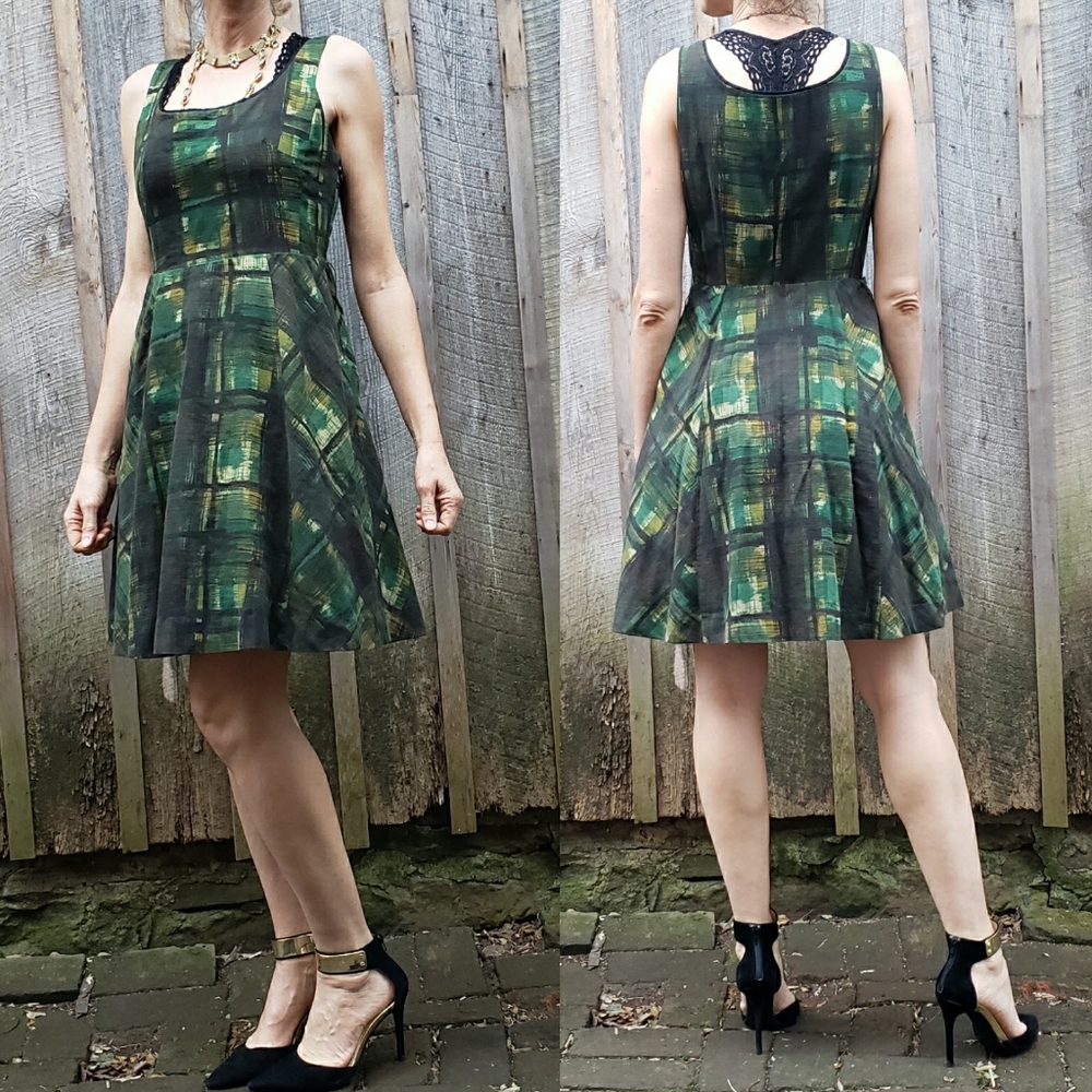 Anthropologie Green Plaid Fit-and-Flare Mini Dress